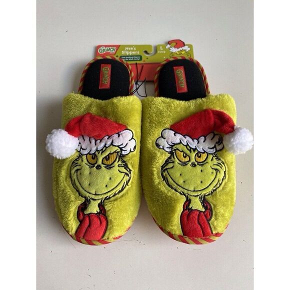 Dr. Seuss The Grinch Christmas Holiday Slippers Men’s Sz L 11/12 Santa Hat NEW - Picture 1 of 13